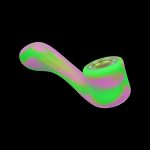 Neon green and pink silicone smoking pipe isolated on black.