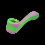 Neon pink and green silicone smoking pipe isolated on a black background.