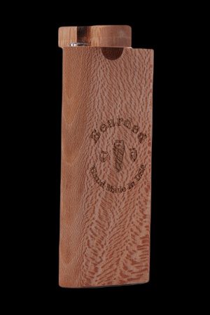 Wooden dugout with engraved cannabis leaf and “Bourge” branding.