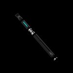 Black cannabis vape pen with disassembled parts, displaying branding details.