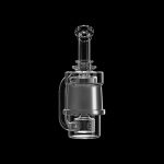Clear glass dab rig with intricate percolator design, isolated on a black background.