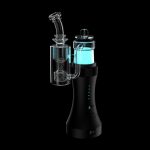 Electronic dab rig with glass water pipe attachment, illuminated with blue light, against a black background.