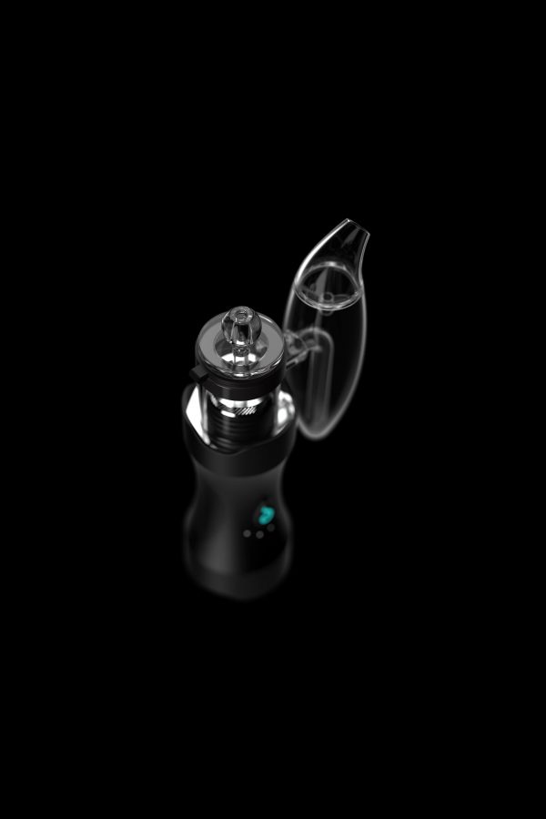 Sleek black and glass dab rig with illuminated base, studio shot.