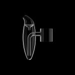 Clear glass oil rig with a rounded body and cylindrical mouthpiece, isolated on a black background.