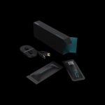 Sleek, black cannabis vaporizer pen and charging case with USB-C cable, displayed on a dark background.