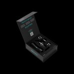 Open black box containing a portable cannabis vaporizer and accessories, with "Performance Anywhere" text on the inside lid.