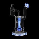 Blue glass dab rig with accessories against a black background.