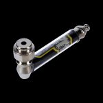 Glass pipe with Egyptian-themed design, isolated on black."