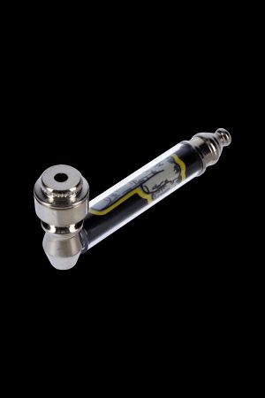 Glass pipe with Egyptian-themed design, isolated on black."