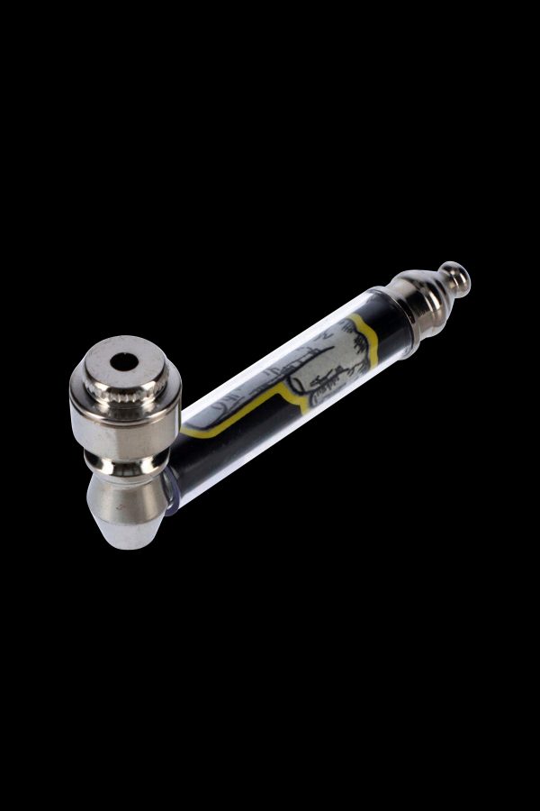 Glass pipe with Egyptian-themed design, isolated on black."