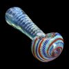 A detailed side view of the SC Engraved Fumed Spoon Pipe - 3 in., displaying its curved shape and iridescent finish against a dark background.