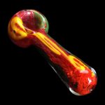 A three-inch SC Color Frit Spoon Pipe shown in a side view, featuring vibrant color frit patterns in its glass construction.