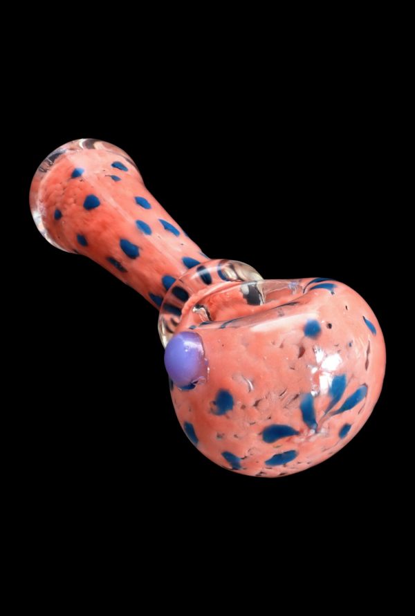 Side view of the SC Frit with Twisted Mouthpiece Spoon Pipe, showcasing its colorful, speckled glass design.