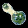 A close-up, angled view of the 2.5-inch SC Frit Fumed with Piping Spoon Pipe, showcasing its vibrant, colorful frit pattern.