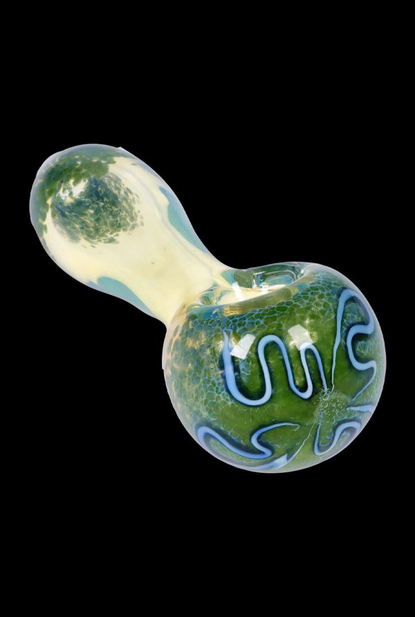 A close-up, angled view of the 2.5-inch SC Frit Fumed with Piping Spoon Pipe, showcasing its vibrant, colorful frit pattern.