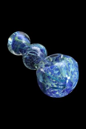 A three-quarter view of the SC Fancy Frit Spoon Pipe, showing vibrant blue frit patterns in the glasswork.
