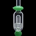 A straight-on view of the SC Shower Head Perc Nectar Collector, showcasing its clear glass construction and unique showerhead perc design.