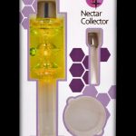 A front view of the SC Freezable Glycerin Nectar Collector shows a clear glass tip and mouthpiece against a geometric patterned background.