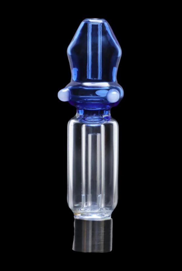 Front view of the SC Mini Mosque Nectar Collector, a blue glass tool with a patterned body and narrow tip.