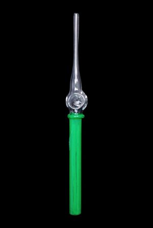 Front view of the SC Glass Straw, a slender, clear glass tube with a rounded tip against a plain black background.