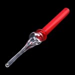 A straight-on view of the SC Glass Straw, a clear glass tube with a rounded tip against a dark background.