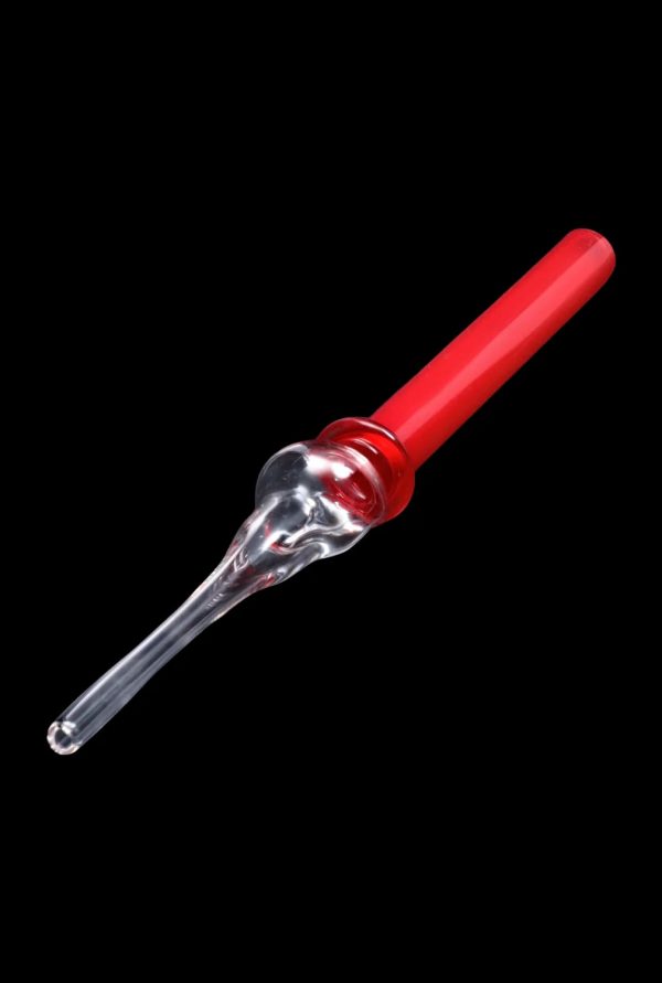 A straight-on view of the SC Glass Straw, a clear glass tube with a rounded tip against a dark background.