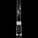 Glass water pipe with a spider and web design, iridescent opal accents, and black speckled detailing, set against a black background.