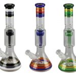 Front view of the Showerhead Perc Water Bong - Back to Basics, showing a clear glass perc bong with a showerhead diffuser.