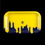 Yellow rolling tray with dripping dark blue paint and a white star emblem.