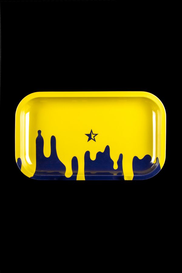 Yellow rolling tray with dripping dark blue paint and a white star emblem.