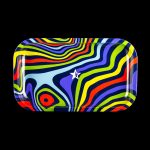 Colorful, swirling patterned rolling tray with a star design.