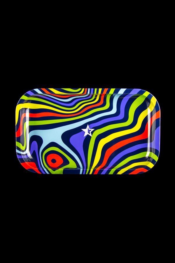 Colorful, swirling patterned rolling tray with a star design.