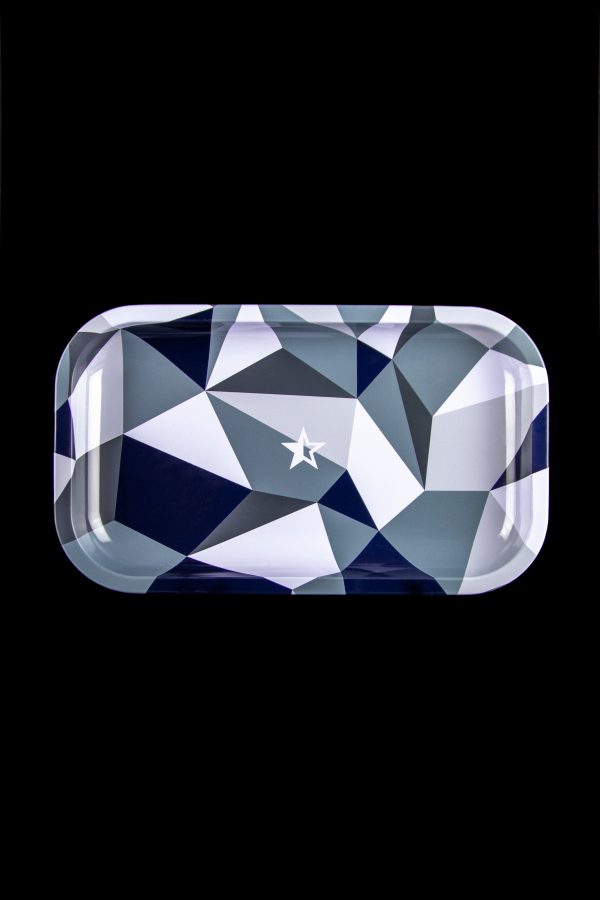 Geometric cannabis rolling tray with a star logo.