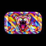 Geometric tiger-themed rolling tray with vibrant, colorful patterns.