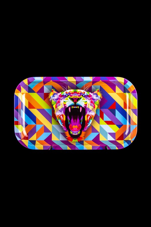 Geometric tiger-themed rolling tray with vibrant, colorful patterns.