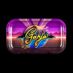 Rectangular metal rolling tray with a retro 80s-style design featuring a purple and pink sunset landscape and the word "Ganja" in bright yellow script.