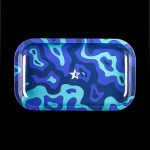 Blue and purple wavy patterned rolling tray with a white star emblem.