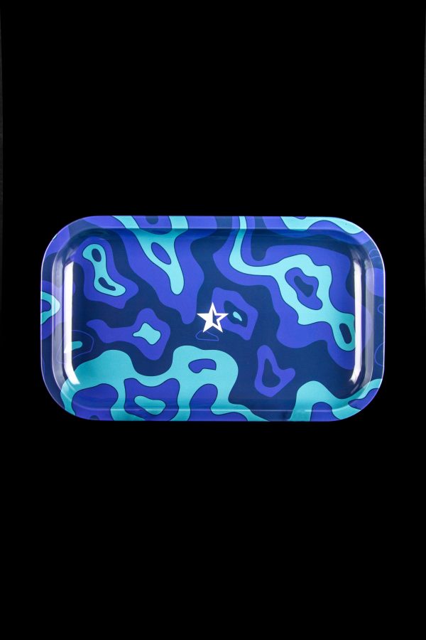 Blue and purple wavy patterned rolling tray with a white star emblem.