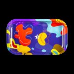 Colorful, patterned rolling tray with abstract shapes and a star design.