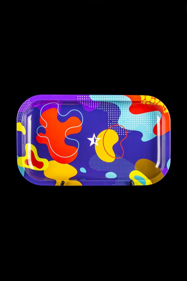 Colorful, patterned rolling tray with abstract shapes and a star design.