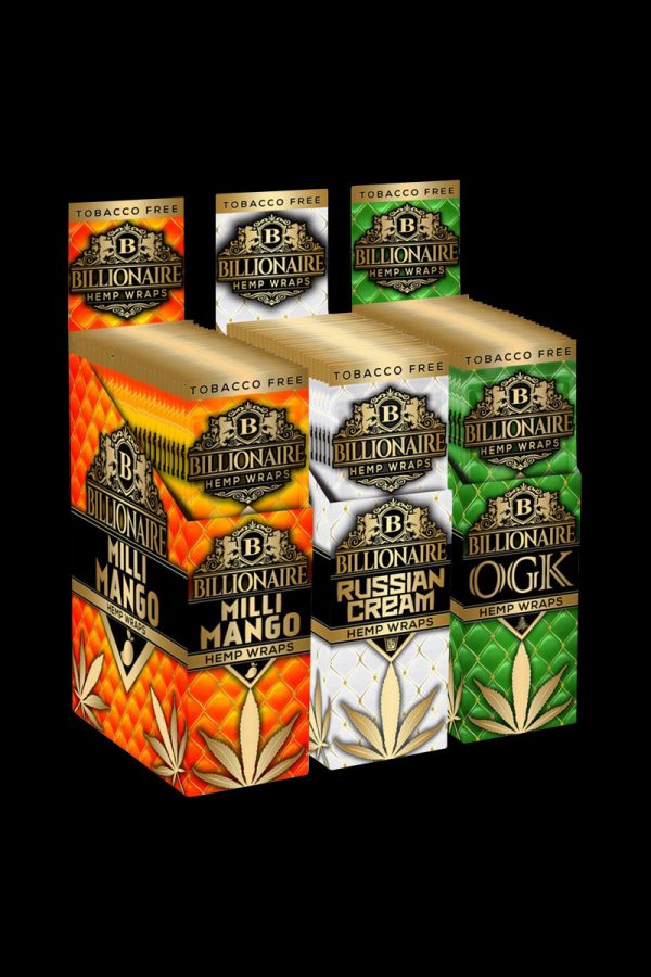 A stack of 25 Billionaire Hemp Wraps, displayed at a slight angle against a dark background, showcasing the colorful packaging.