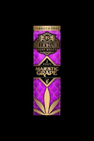 Front view of the Billionaire Hemp Wraps packaging, showcasing a vertical, rectangular design with gold lettering and ornate details.