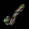 A side view of the Black Rasta Candy Cane Swirl Hand Pipe, showcasing its colorful swirl pattern and curved design against a black background.