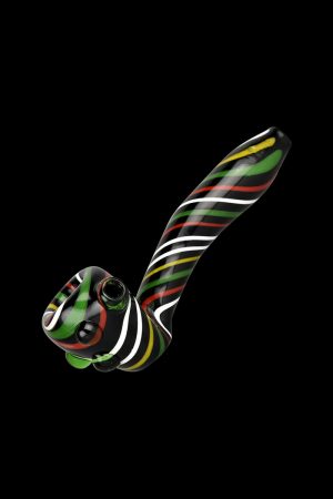 A side view of the Black Rasta Candy Cane Swirl Hand Pipe, showcasing its colorful swirl pattern and curved design against a black background.