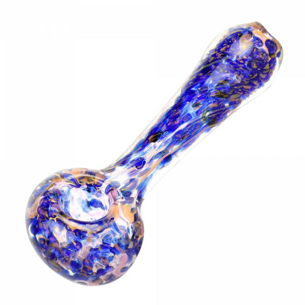 A side view of the Blue & Gold Fumed Swirl Spoon Pipe, showing its colorful, swirling glass design.