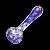 A side view of the Blue & Gold Fumed Swirl Spoon Pipe, showcasing its curved shape and golden shimmer against a dark background.