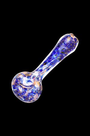 A side view of the Blue & Gold Fumed Swirl Spoon Pipe, showcasing its curved shape and golden shimmer against a dark background.