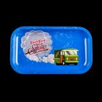 Blue metal rolling tray with "Cheech & Chong's Up in Smoke 40th Anniversary" logo and vintage van graphic.
