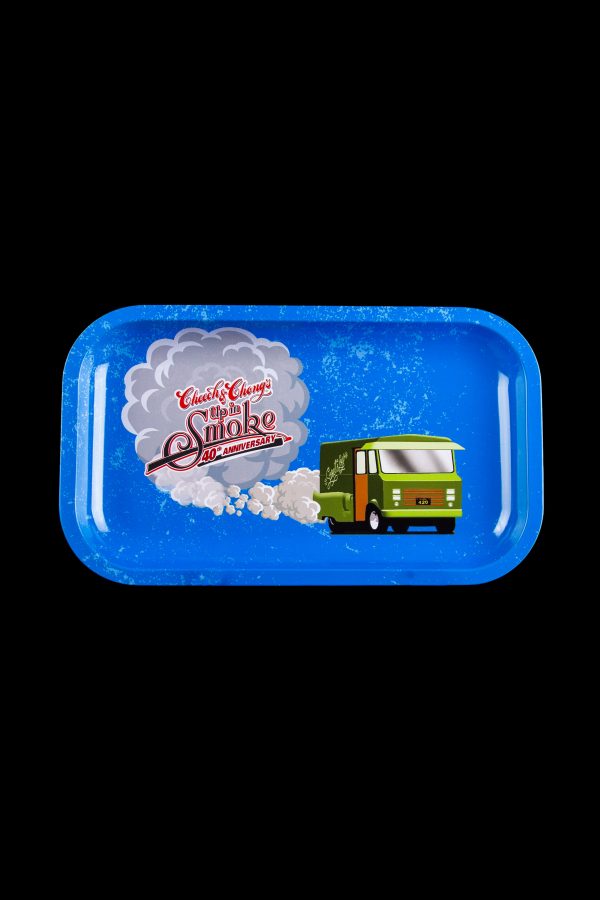 Blue metal rolling tray with "Cheech & Chong's Up in Smoke 40th Anniversary" logo and vintage van graphic.