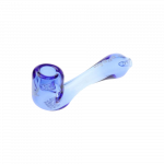 A side view of the “Puff Puff Pass “Blue Dream” Strain Pipe, showcasing its curved blue glass design against a plain white background.